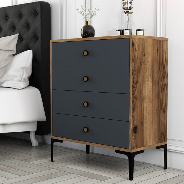 Chests of drawers - Chest of drawers Lizbon Walnut Anthracite Melamine 76x90.7x40 cm - 4 drawers - Dimehouse
