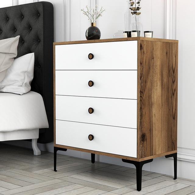 Chests of drawers - Chest of drawers Lizbon Walnut White Melamine 76x90.7x40 cm - 4 drawers - Dimehouse
