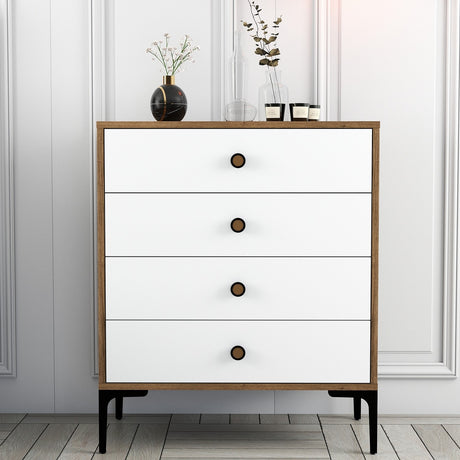 Chests of drawers - Chest of drawers Lizbon Walnut White Melamine 76x90.7x40 cm - 4 drawers - Dimehouse