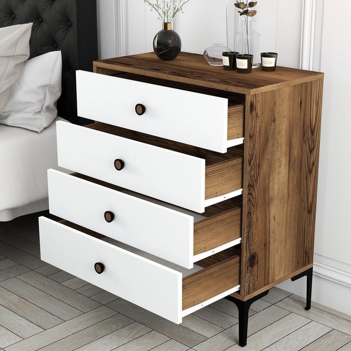Chests of drawers - Chest of drawers Lizbon Walnut White Melamine 76x90.7x40 cm - 4 drawers - Dimehouse