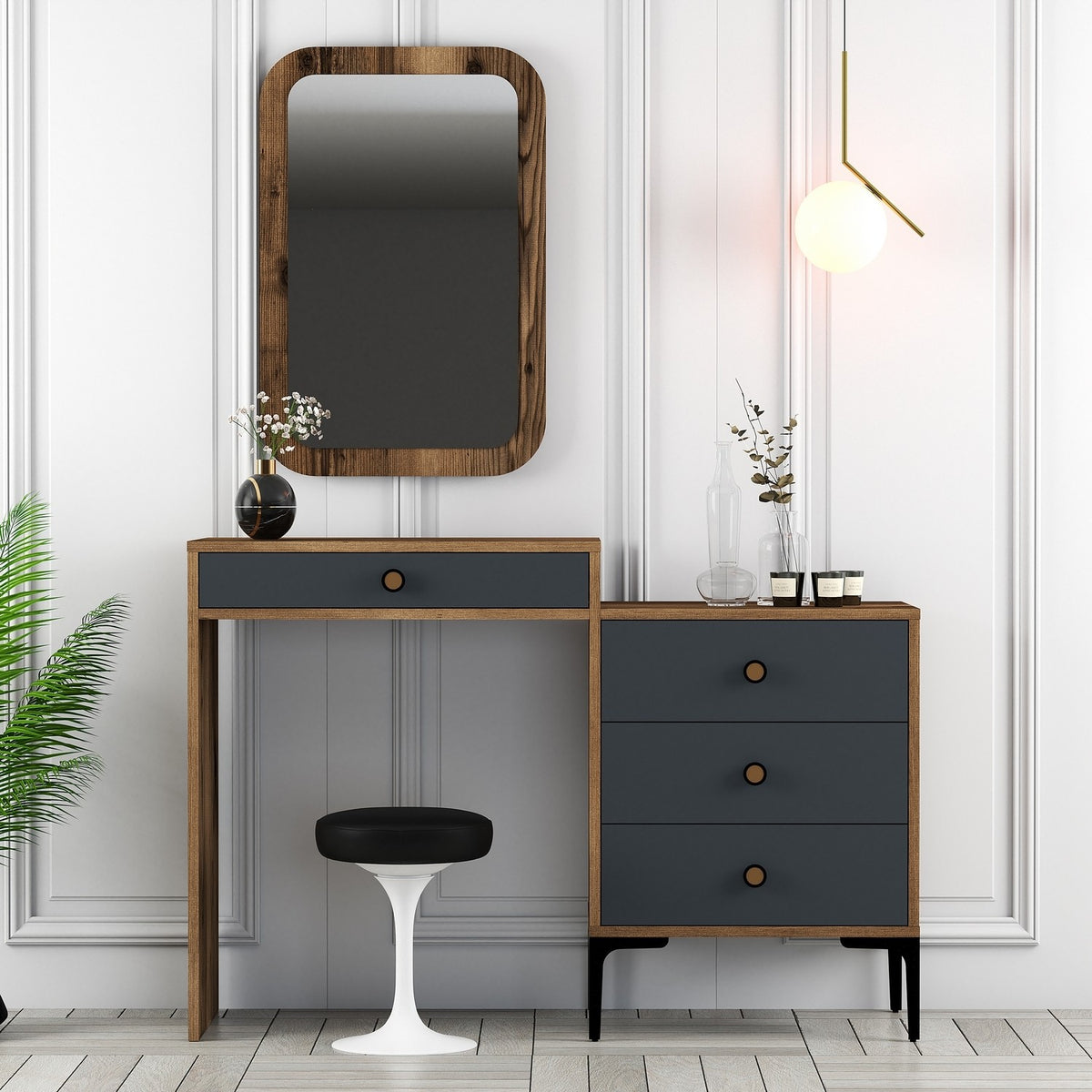Chests of drawers - Chest of drawers Dressing table Lizbon Walnut Anthracite Melamine 124x84.7x40 cm - Dimehouse