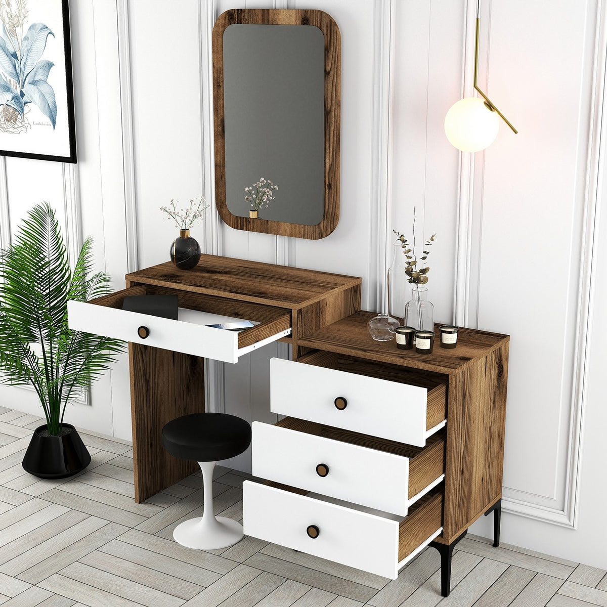 Chests of drawers - Chest of drawers Dressing table Lizbon Walnut White Melamine 124x84.7x40 cm - Dimehouse