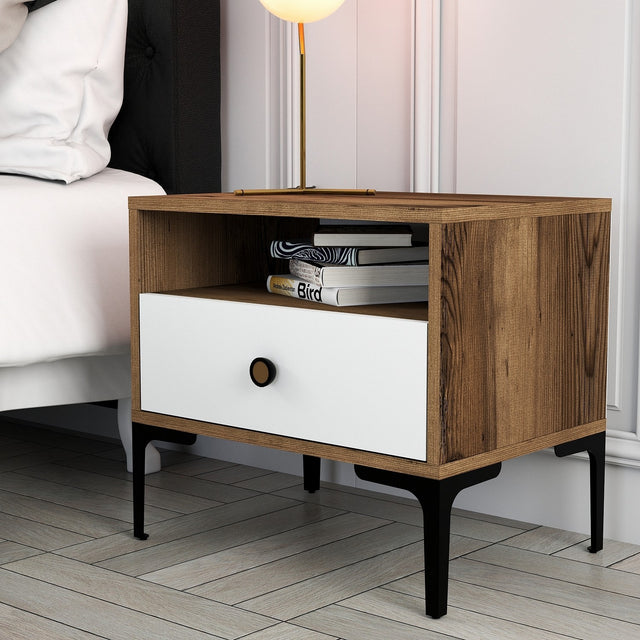 Bedside tables - Bedside table Lizbon Walnut White Melamine 56x50.8x40 cm - Dimehouse