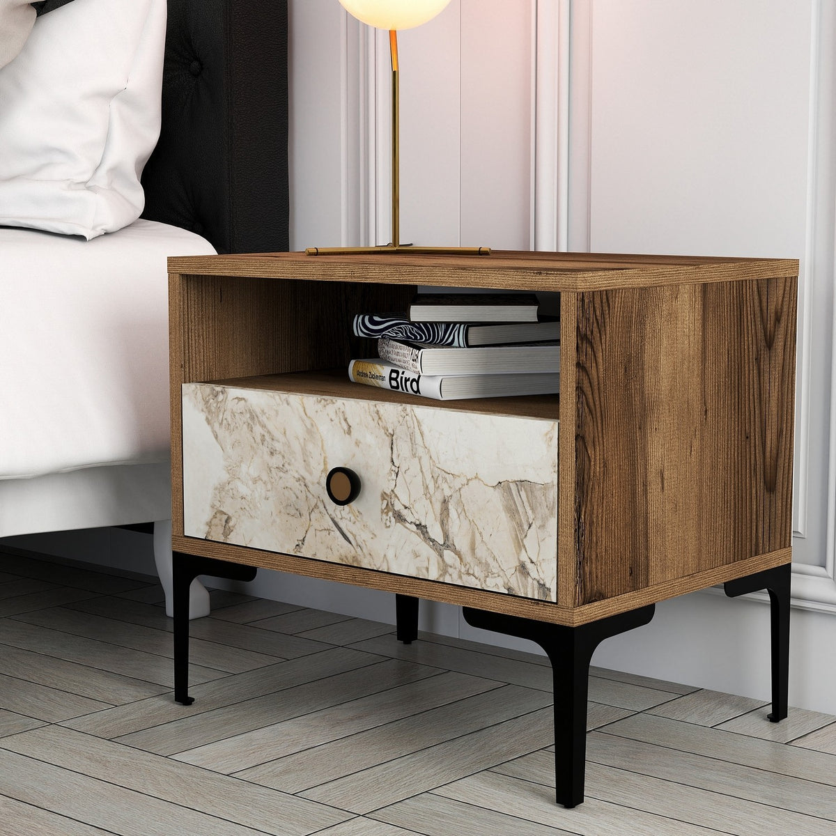 Bedside tables - Bedside table Lizbon Walnut White Marble Melamine 56x50.8x40 cm - Dimehouse