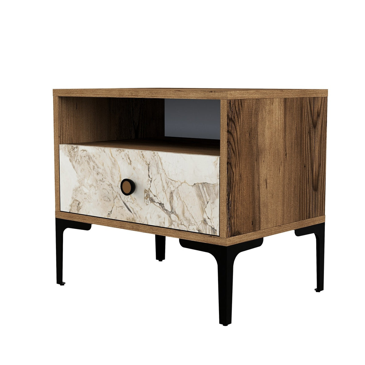 Bedside tables - Bedside table Lizbon Walnut White Marble Melamine 56x50.8x40 cm - Dimehouse