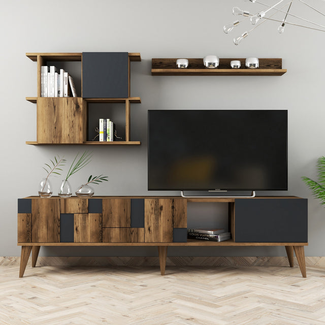 TV Furniture - TV Furniture Set Madrid Walnut Anthracite Melamine 180x48.6x33.8 cm - Dimehouse
