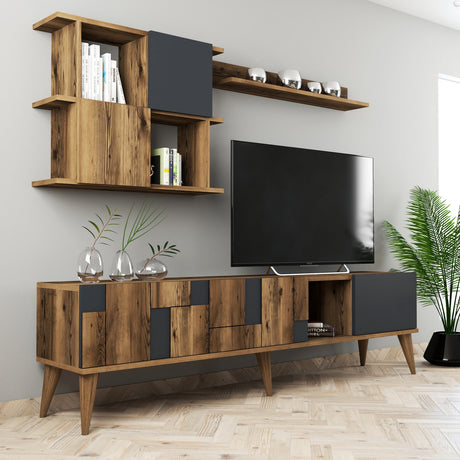 TV Furniture - TV Furniture Set Madrid Walnut Anthracite Melamine 180x48.6x33.8 cm - Dimehouse