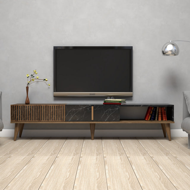 TV Furniture - TV Furniture Milan Walnut Black Melamine 180x40x35 cm - Dimehouse