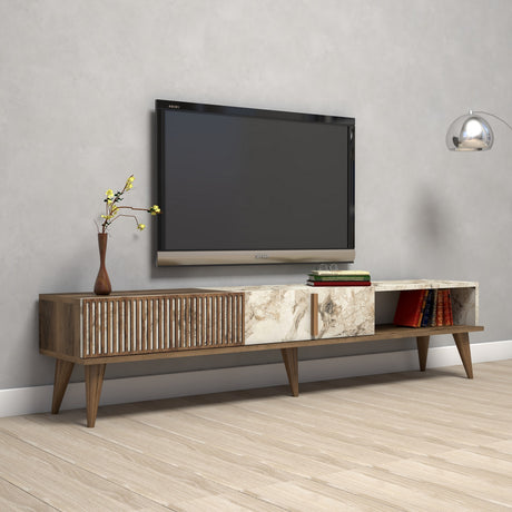 TV Furniture - TV Furniture Milan Walnut White Marble Melamine 180x40x35 cm - Dimehouse