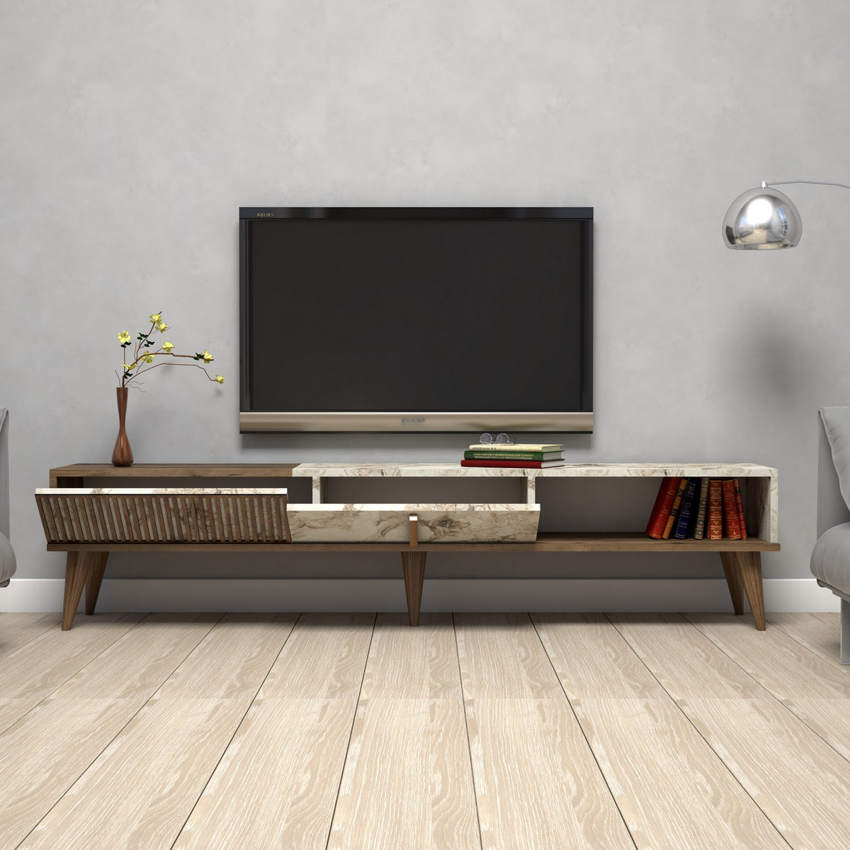 TV Furniture - TV Furniture Milan Walnut White Marble Melamine 180x40x35 cm - Dimehouse