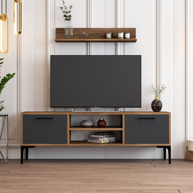 TV Furniture - TV Furniture Set Riga Walnut Anthracite Melamine 140x48x30 cm - Dimehouse