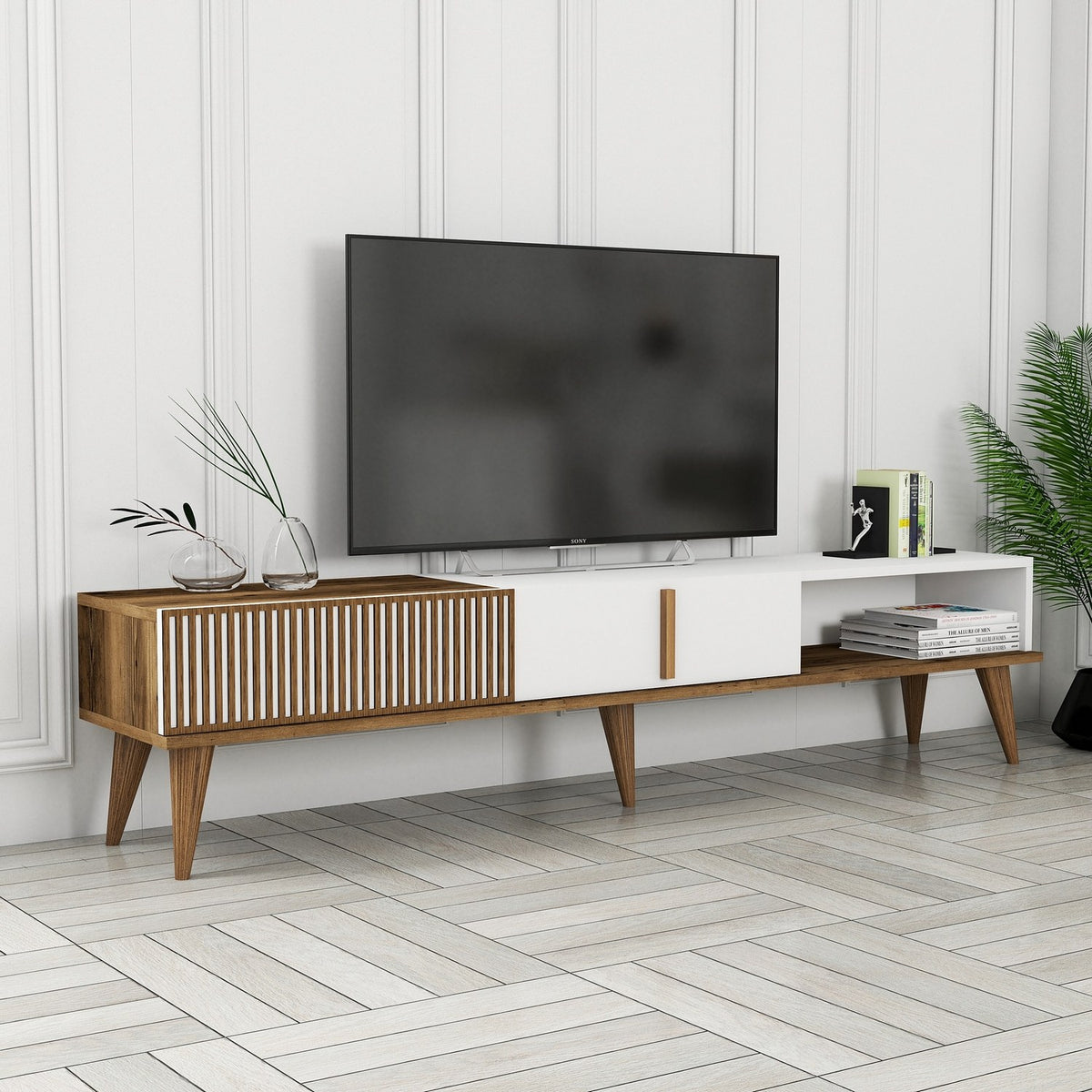 TV Furniture - TV Furniture Milan Alt Walnut White Melamine 180x40x35 cm - Dimehouse