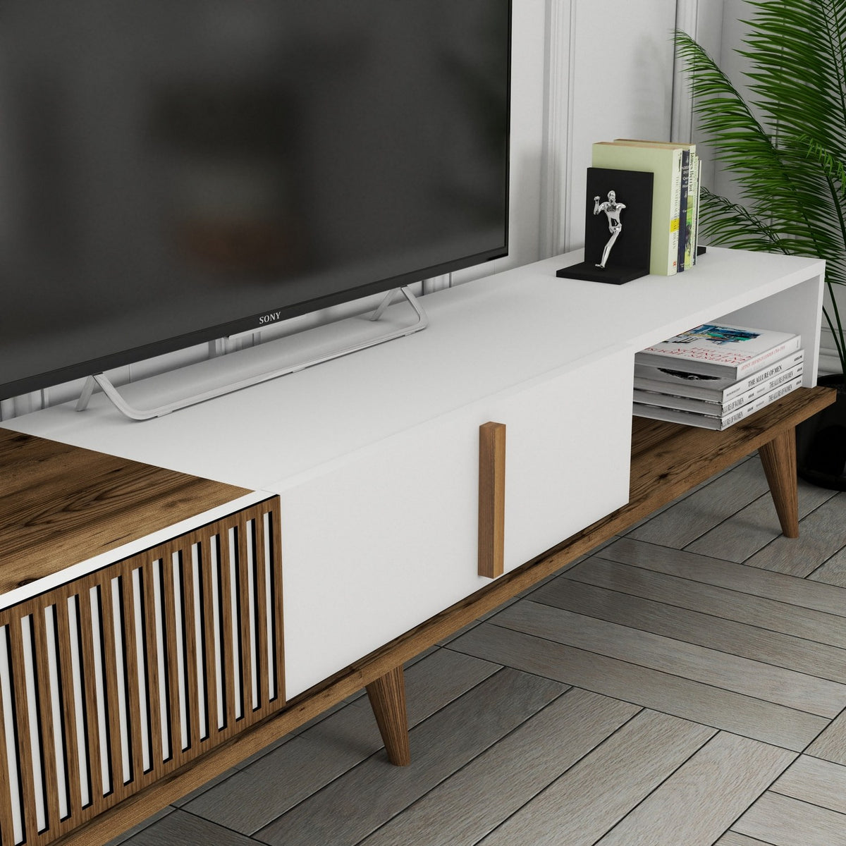 TV Furniture - TV Furniture Milan Alt Walnut White Melamine 180x40x35 cm - Dimehouse