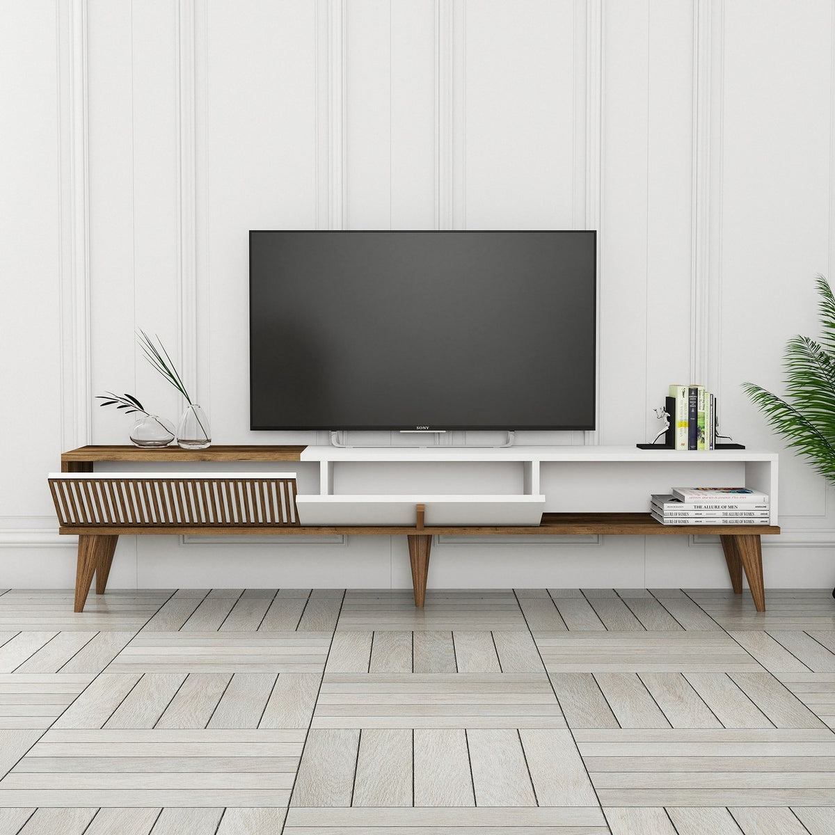 TV Furniture - TV Furniture Milan Alt Walnut White Melamine 180x40x35 cm - Dimehouse