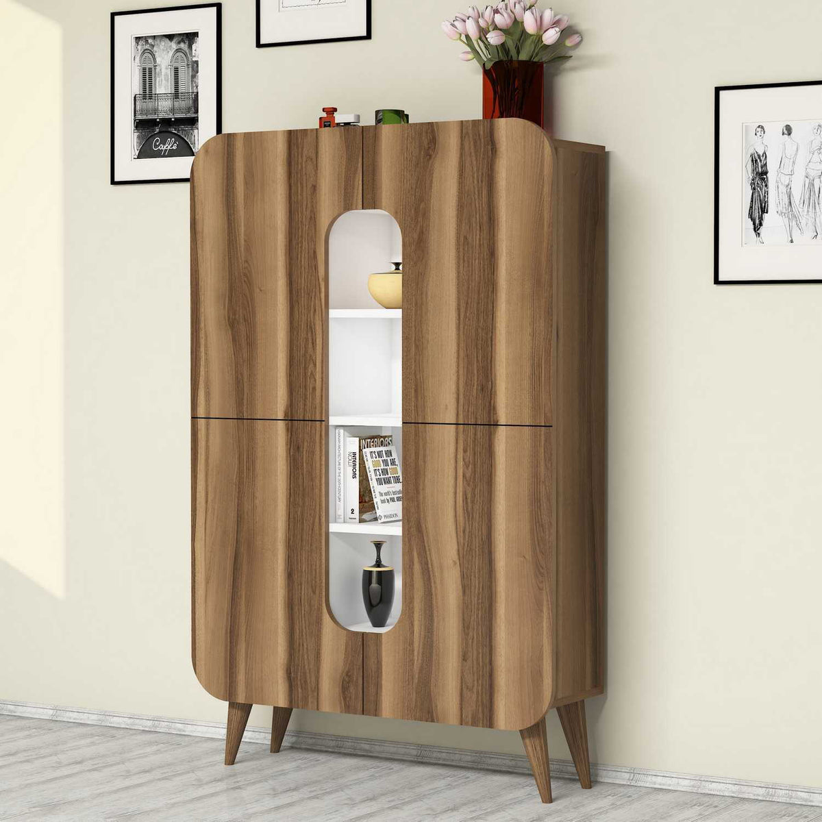 Wall cabinets - Wall cabinet Mine Walnut White Melamine 93x144x31.8 cm - Dimehouse