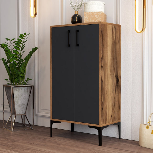 Shoe cabinets - Shoe cabinet Prag Walnut Anthracite Melamine 60x111x35 cm - Dimehouse