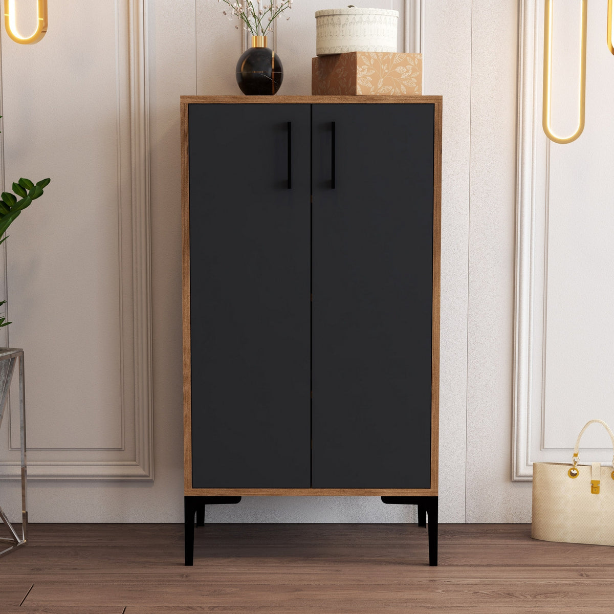 Shoe cabinets - Shoe cabinet Prag Walnut Anthracite Melamine 60x111x35 cm - Dimehouse