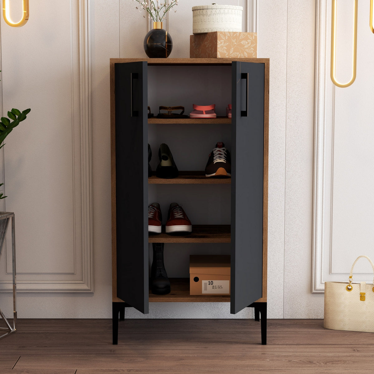 Shoe cabinets - Shoe cabinet Prag Walnut Anthracite Melamine 60x111x35 cm - Dimehouse