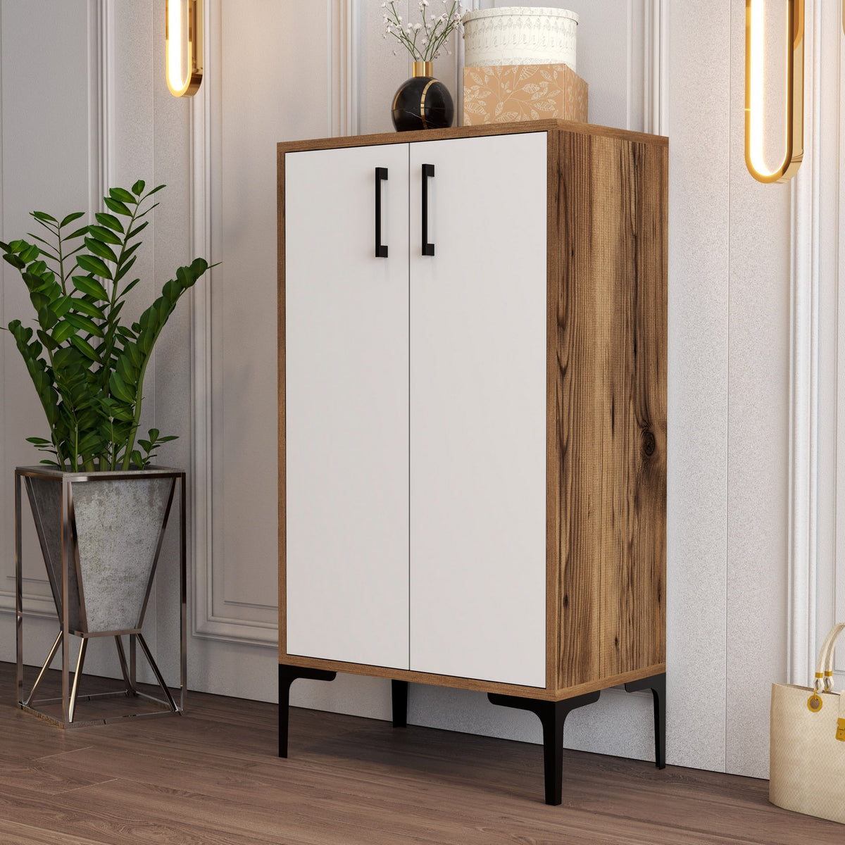 Shoe cabinets - Shoe cabinet Prag Walnut White Melamine 60x111x35 cm - Dimehouse