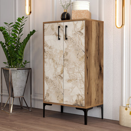 Shoe cabinets - Shoe cabinet Prag Walnut White Marble Melamine 60x111x35 cm - Dimehouse