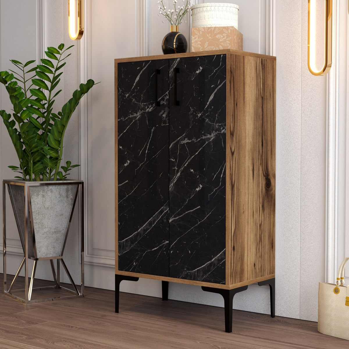 Shoe cabinets - Shoe cabinet Prag Walnut Black Melamine 60x111x35 cm - Dimehouse