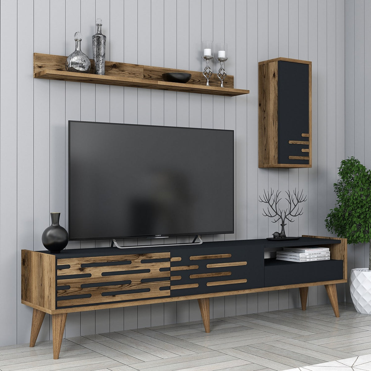 TV Furniture - TV Furniture Set Valensiya Walnut Anthracite Melamine 180x35x45 cm - Dimehouse