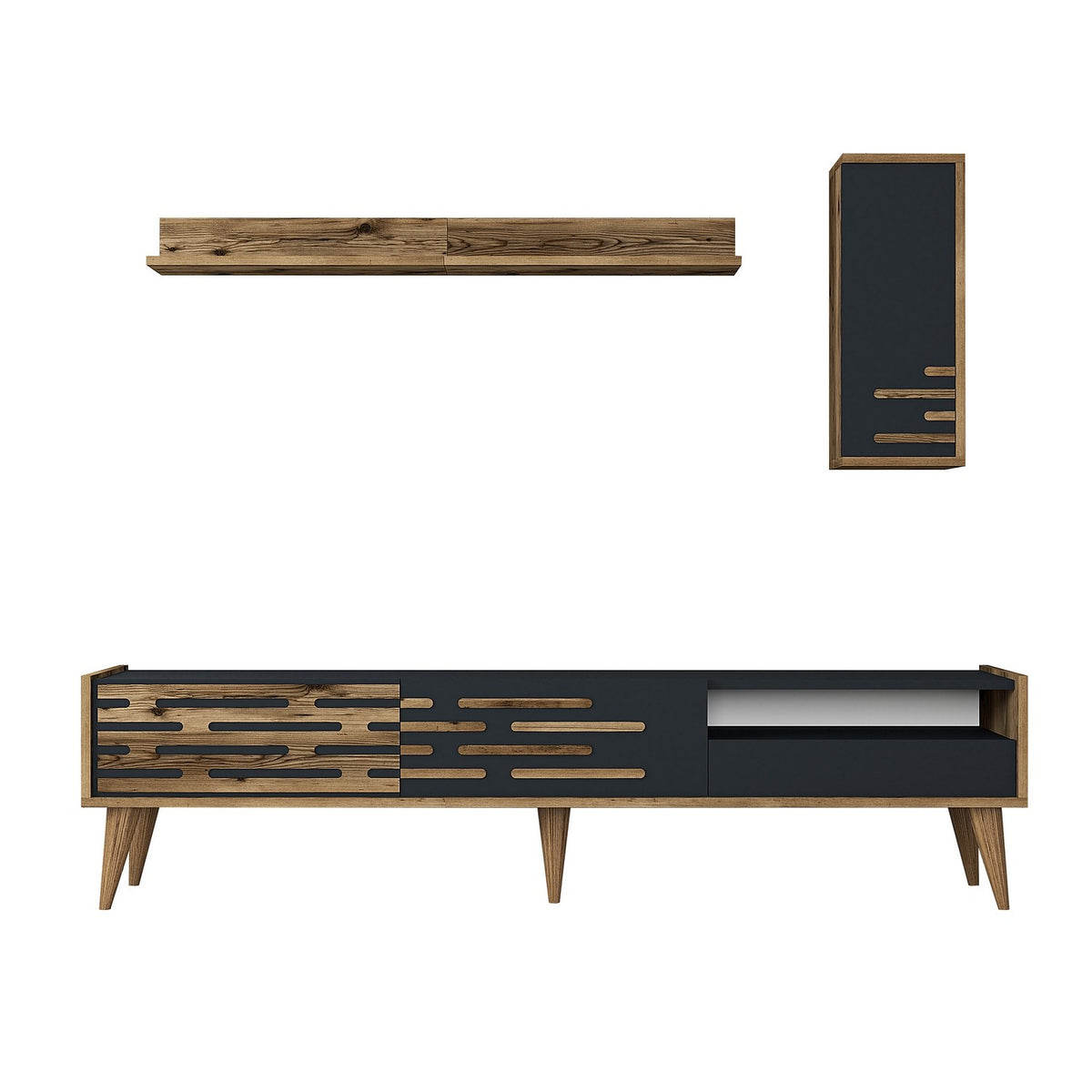 TV Furniture - TV Furniture Set Valensiya Walnut Anthracite Melamine 180x35x45 cm - Dimehouse