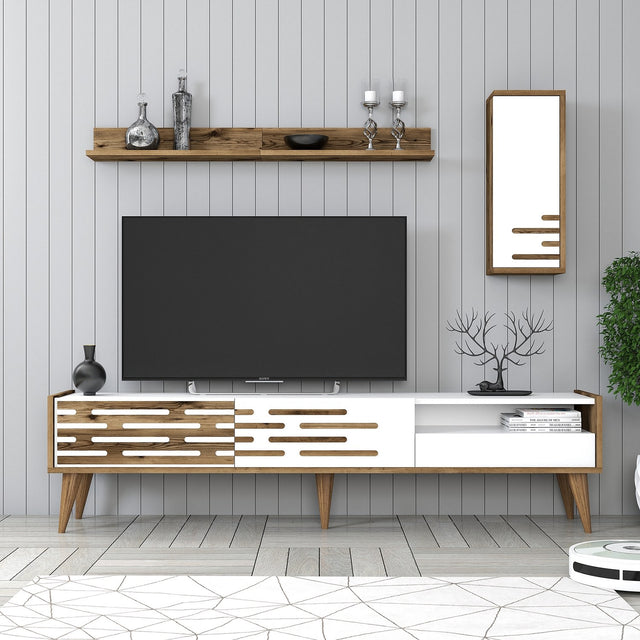 TV Furniture - TV Furniture Set Valensiya Walnut White Melamine 180x35x45 cm - Dimehouse