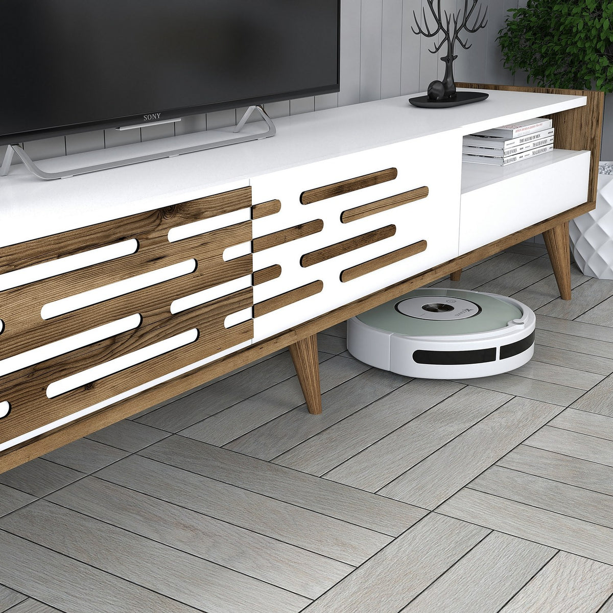 TV Furniture - TV Furniture Set Valensiya Walnut White Melamine 180x35x45 cm - Dimehouse