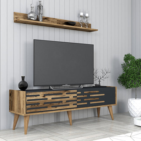 TV Furniture - TV Furniture Set Valensiya Walnut Anthracite Melamine 140x35x45 cm - Dimehouse