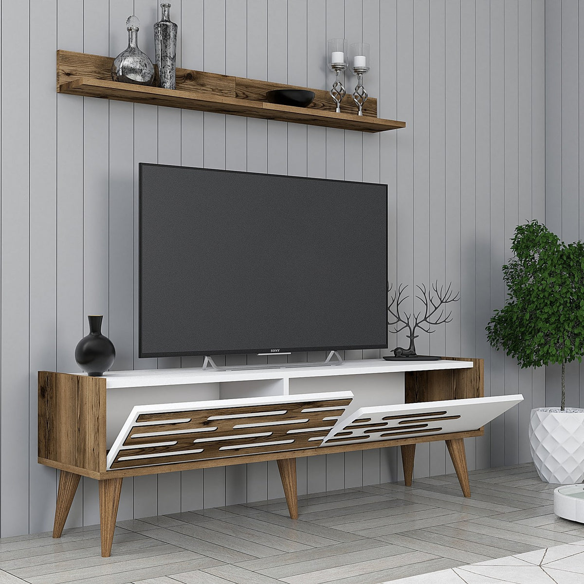 TV Furniture - TV Furniture Set Valensiya Walnut White Melamine 140x35x45 cm - Dimehouse