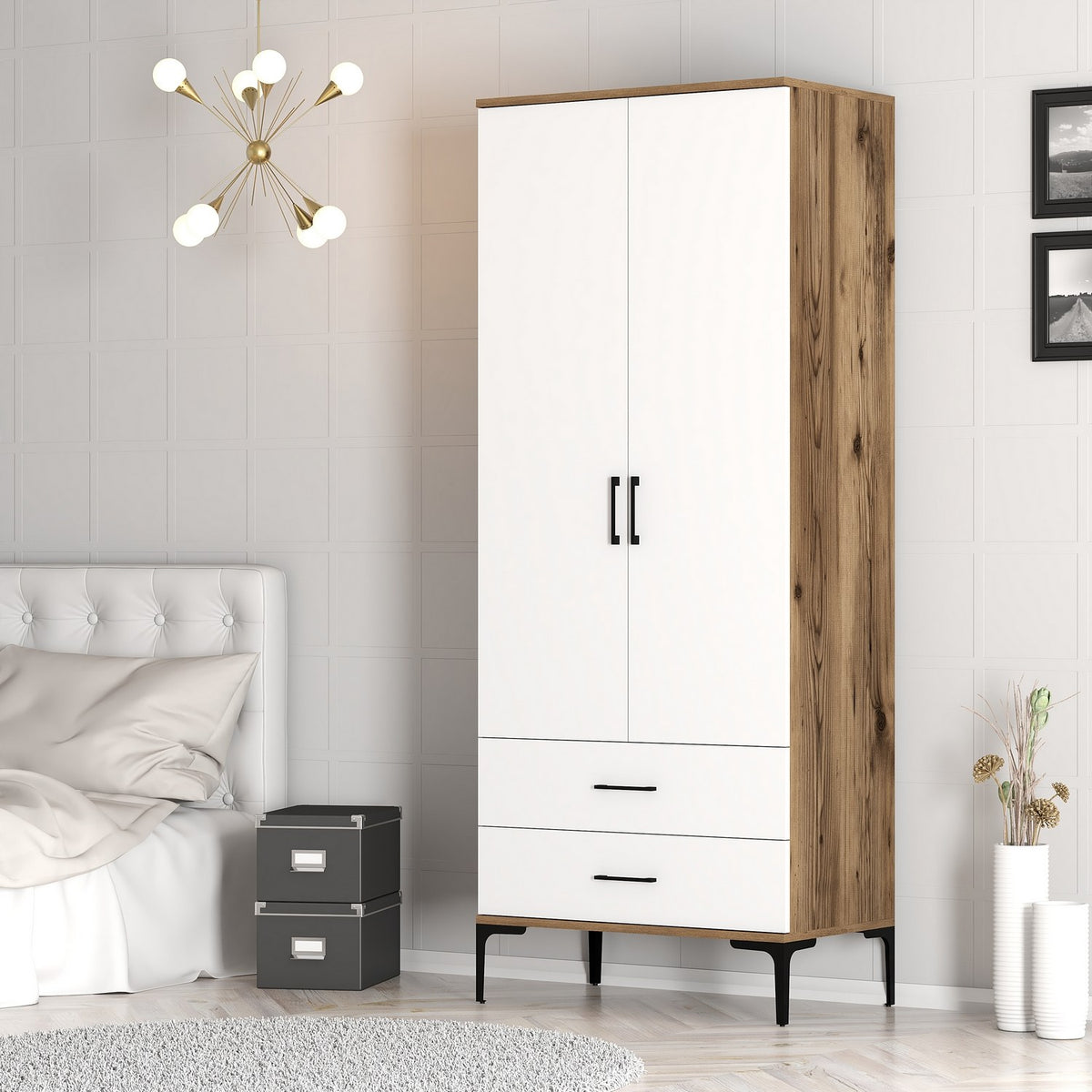 Wardrobes - Wardrobe Kumsal T Walnut White Melamine 80x47.5x201.4 cm - Dimehouse