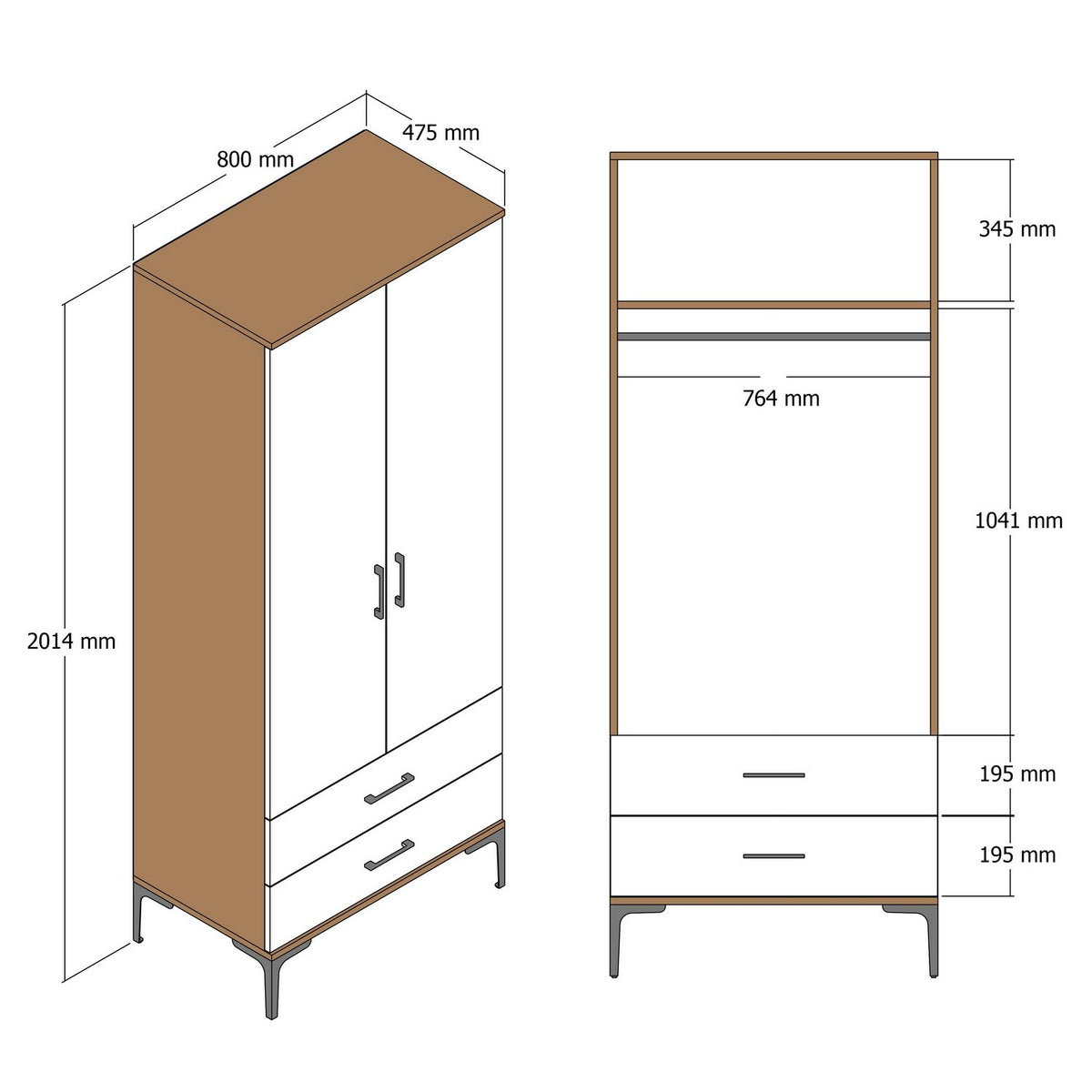 Wardrobes - Wardrobe Kumsal T Walnut White Melamine 80x47.5x201.4 cm - Dimehouse