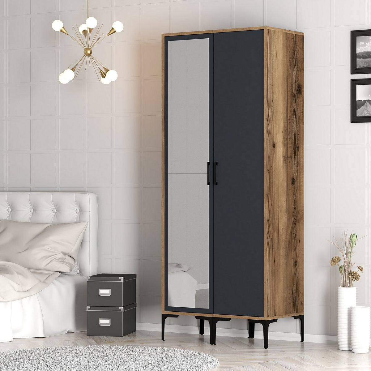 Wardrobes - Wardrobe Kumsal RS Walnut Anthracite Melamine 80x47.5x201.4 cm - Dimehouse