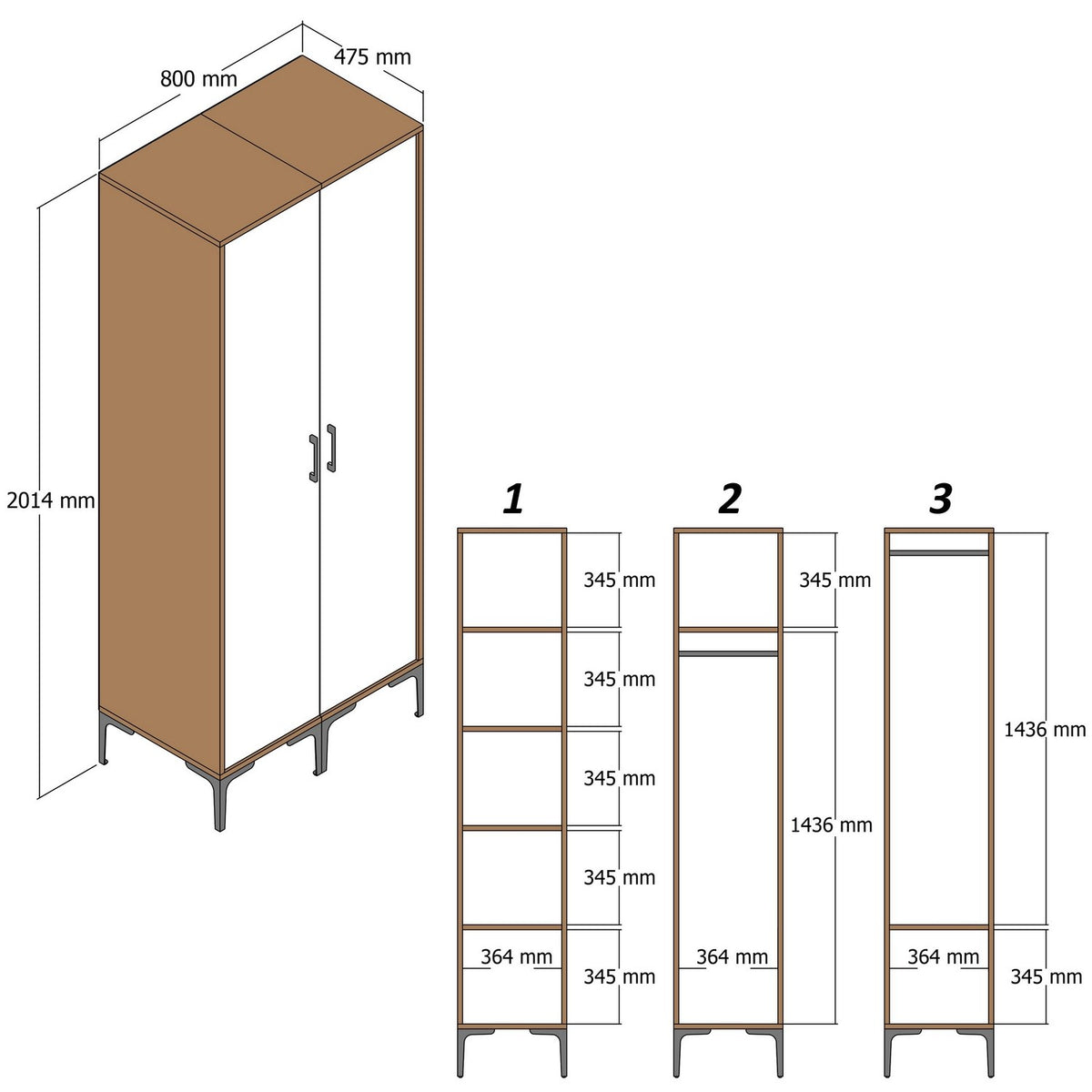 Wardrobes - Wardrobe Kumsal PP Walnut Anthracite Melamine 80x47.5x201.4 cm - Dimehouse