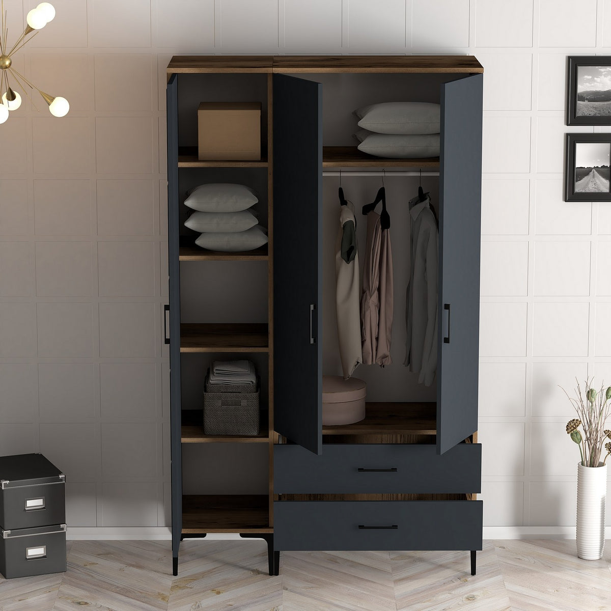Wardrobes - Wardrobe Kumual RT Walnut Anthracite Melamine 120x47.5x201.4 cm - Dimehouse