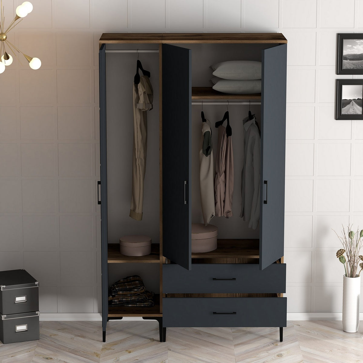 Wardrobes - Wardrobe Kumual RT Walnut Anthracite Melamine 120x47.5x201.4 cm - Dimehouse