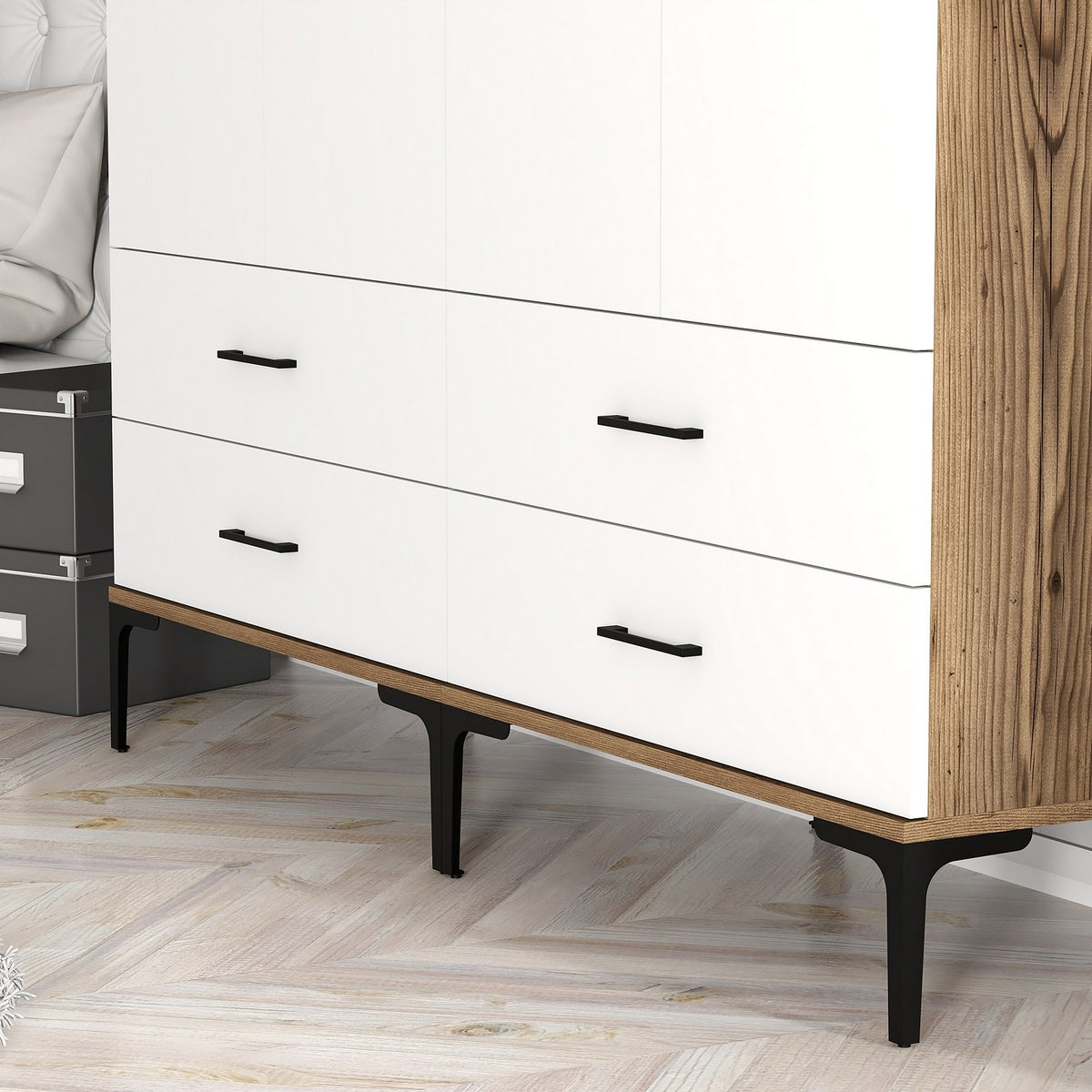 Wardrobes - Wardrobe Walnut and White Melamine - hang and lay - 160x 200 x 47 cm - Kumsal - Dimehouse