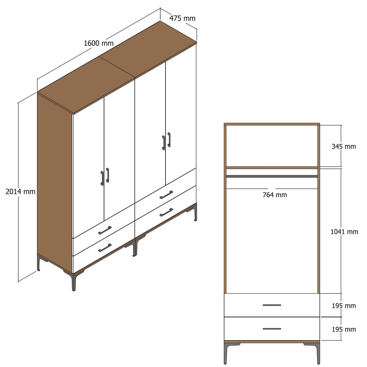 Wardrobes - Wardrobe Walnut and White Melamine - hang and lay - 160x 200 x 47 cm - Kumsal - Dimehouse