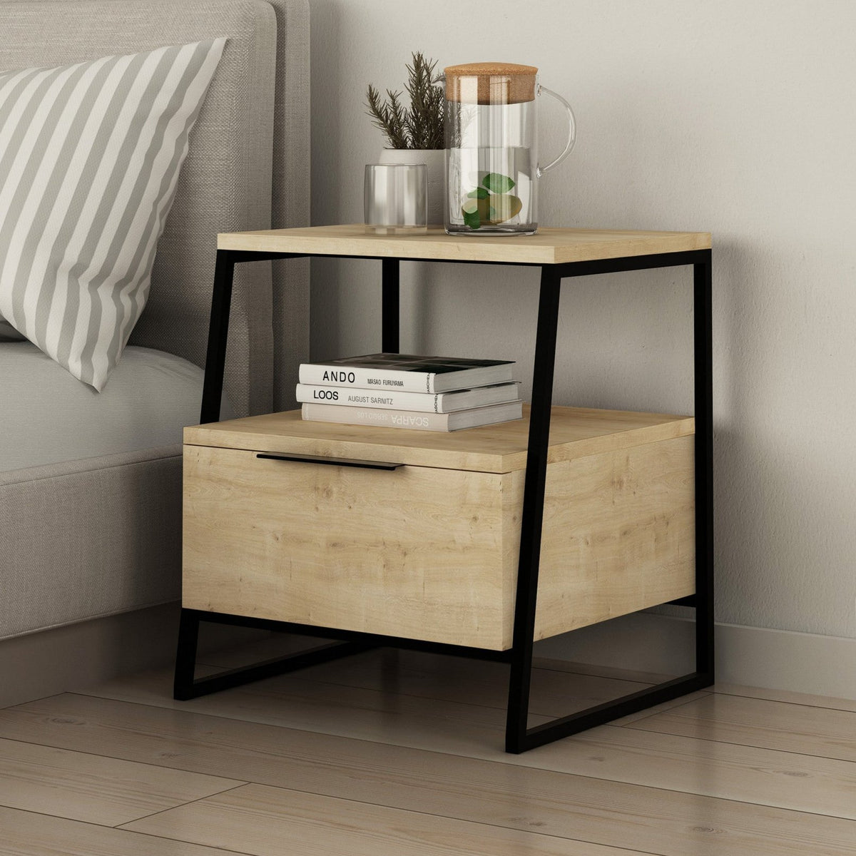 Bedside tables - Bedside table Pal Oak Melamine 45x50x40 cm - Dimehouse