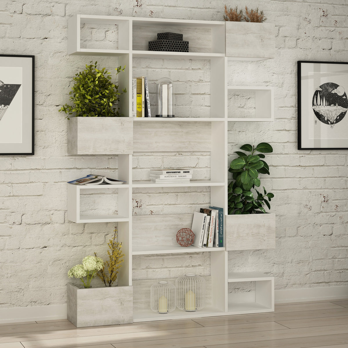 Bookcases - Modern bookcase with asymmetrical compartments white melamine Niho 120x171x20 cm - Dimehouse
