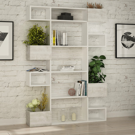 Bookcases - Modern bookcase with asymmetrical compartments white melamine Niho 120x171x20 cm - Dimehouse