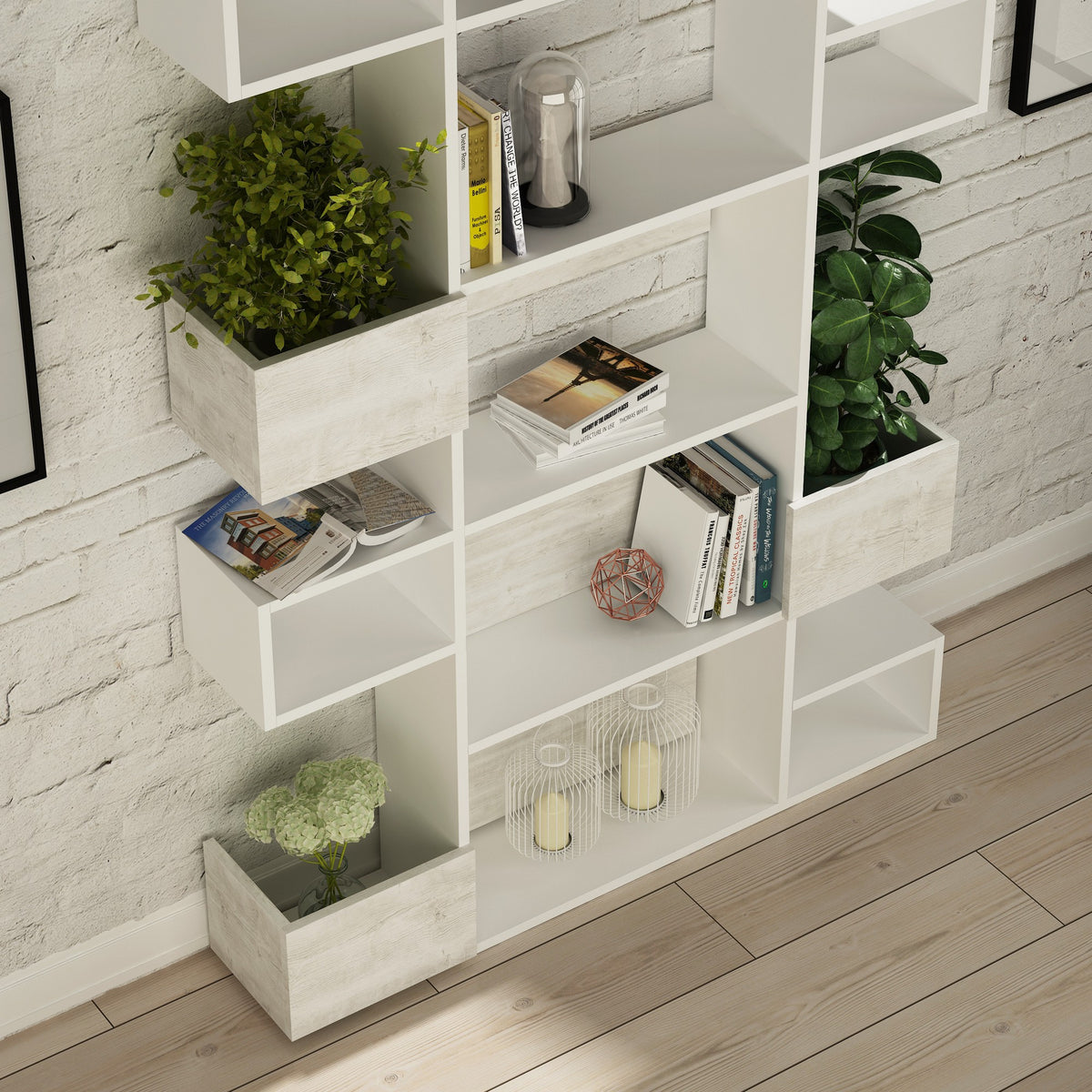 Bookcases - Modern bookcase with asymmetrical compartments white melamine Niho 120x171x20 cm - Dimehouse