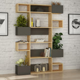 Bookcases - Modern bookcase with asymmetrical compartments oak anthracite melamine Niho 120x171x20 cm - Dimehouse