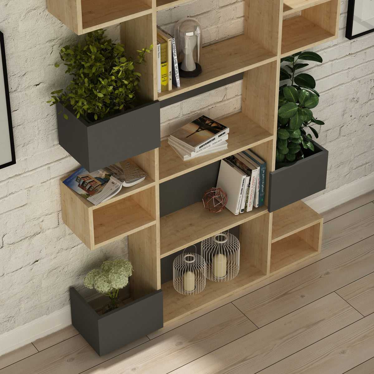 Bookcases - Modern bookcase with asymmetrical compartments oak anthracite melamine Niho 120x171x20 cm - Dimehouse