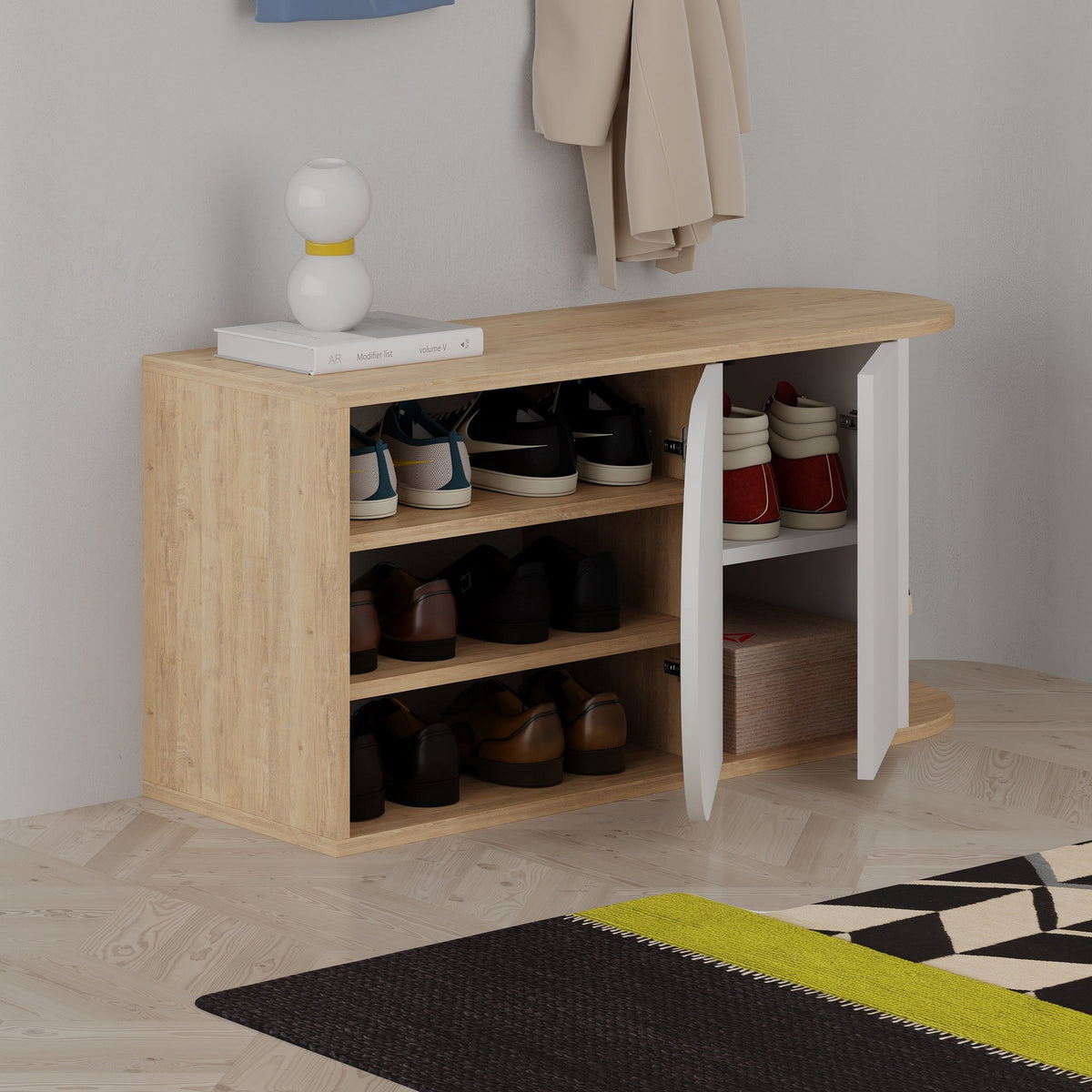 Shoe cabinets - Shoe cabinet Nova Shoe Bench Oak White Melamine 104x50x37 cm - Dimehouse