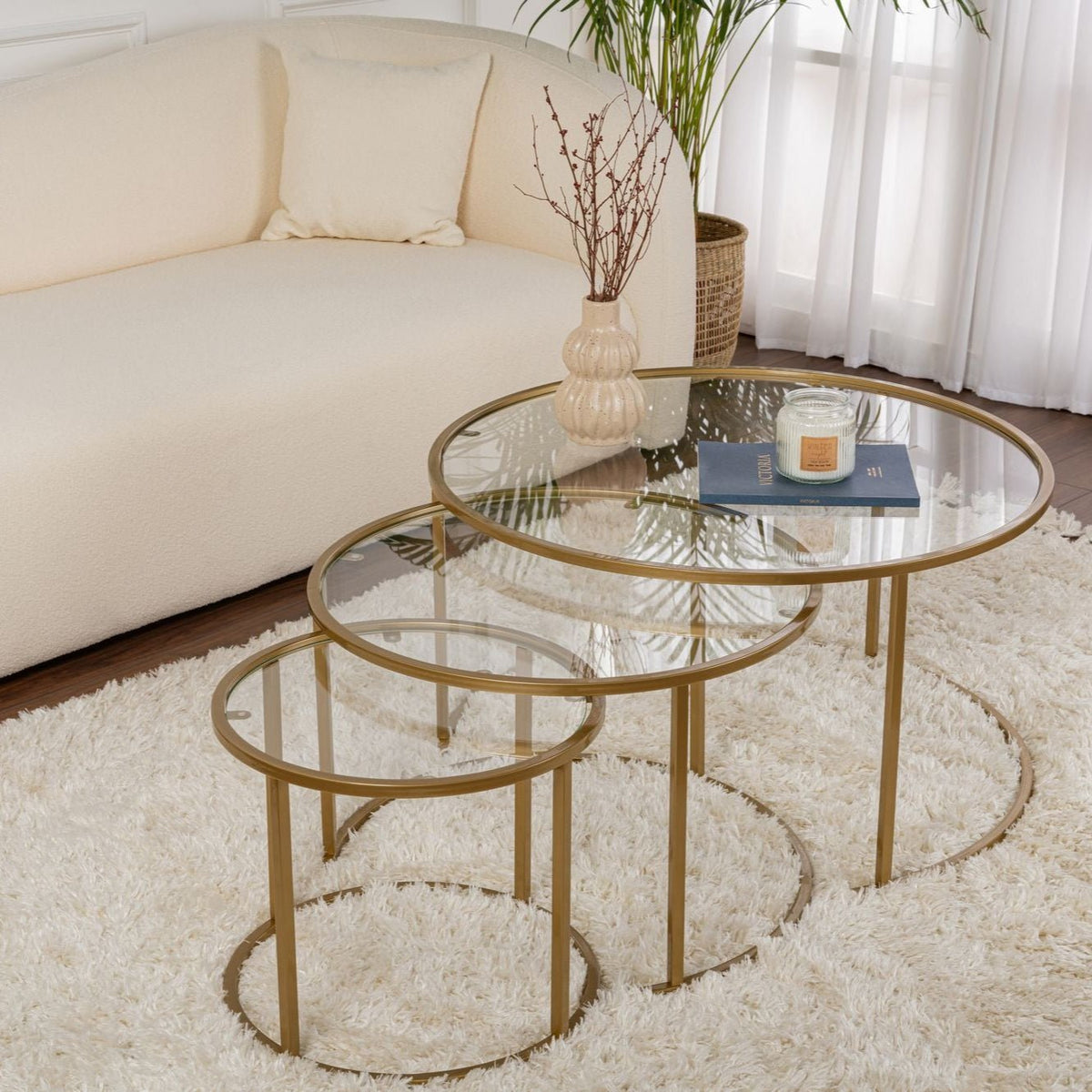 Coffee Tables - Modern Round Coffee Table Set of 3 Uru Gold - Transparent Glass - 80/60/42 cm - Dimehouse