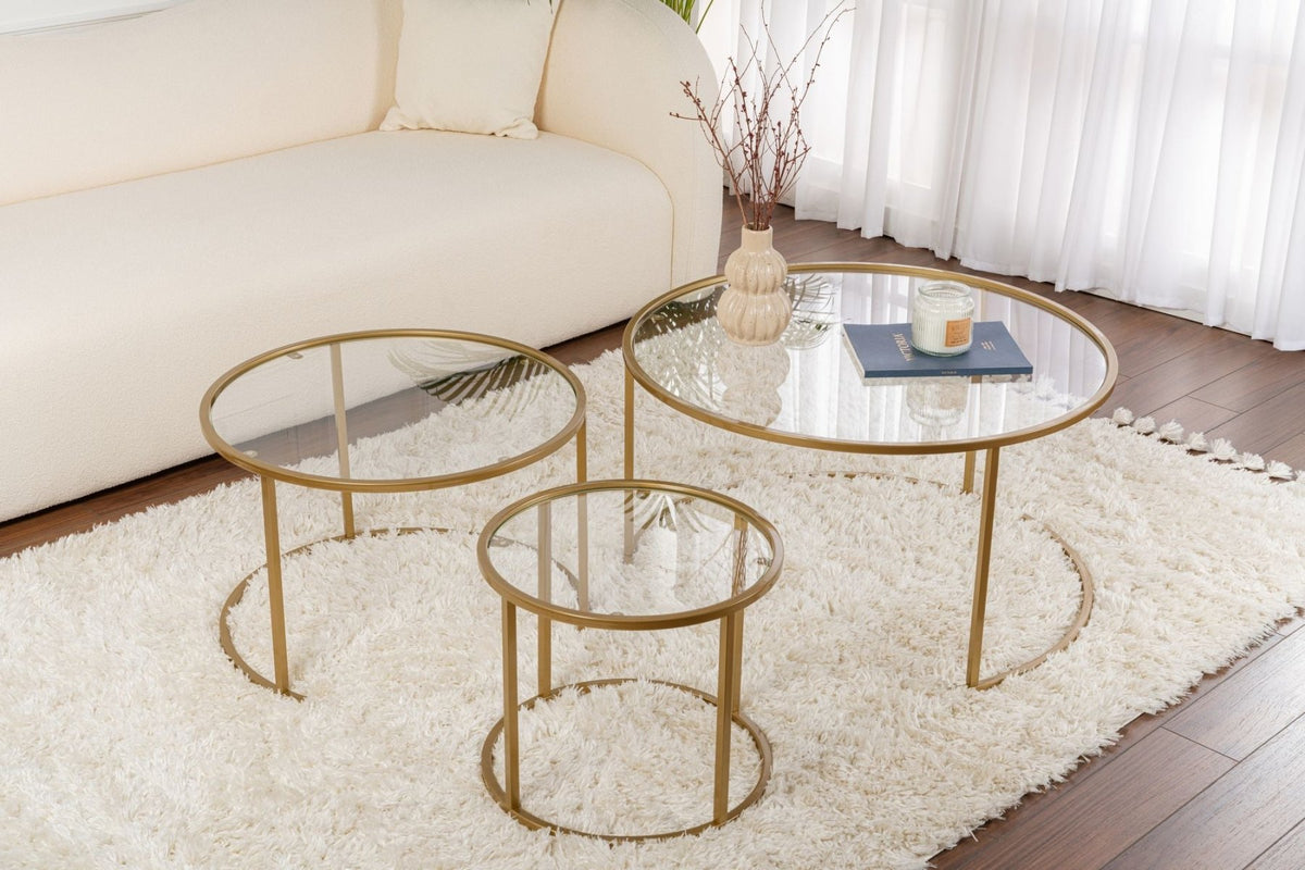 Coffee Tables - Modern Round Coffee Table Set of 3 Uru Gold - Transparent Glass - 80/60/42 cm - Dimehouse