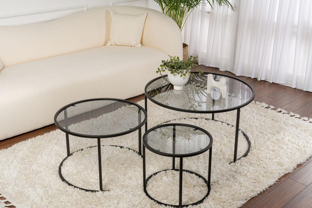 Coffee Tables - Modern Coffee Table Set of 3 Uru Black - Gray Glass - 80/60/42 cm - Dimehouse