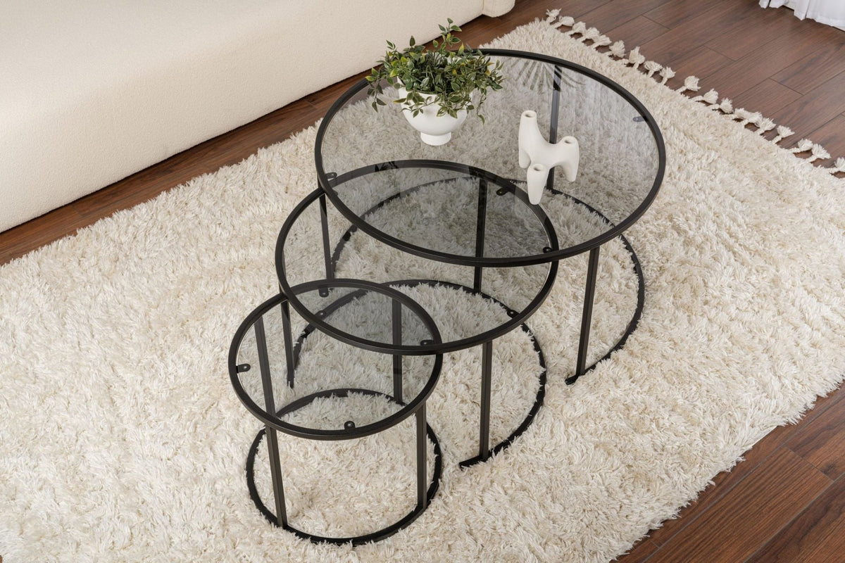 Coffee Tables - Modern Coffee Table Set of 3 Uru Black - Gray Glass - 80/60/42 cm - Dimehouse